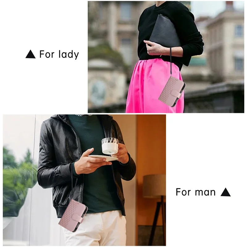 For iPhone Duo Case 3D Rhombus Grid Imprinted Wallet Leather Phone Cover with Wrist Strap - Rose Gold