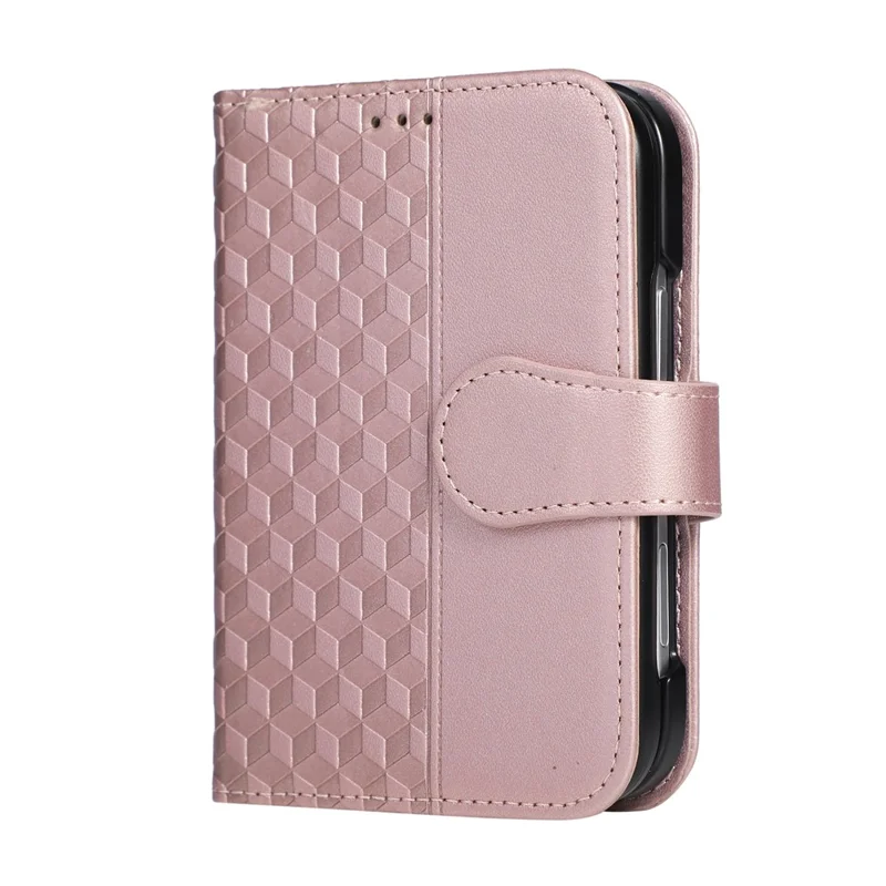 For iPhone Duo Case 3D Rhombus Grid Imprinted Wallet Leather Phone Cover with Wrist Strap - Rose Gold
