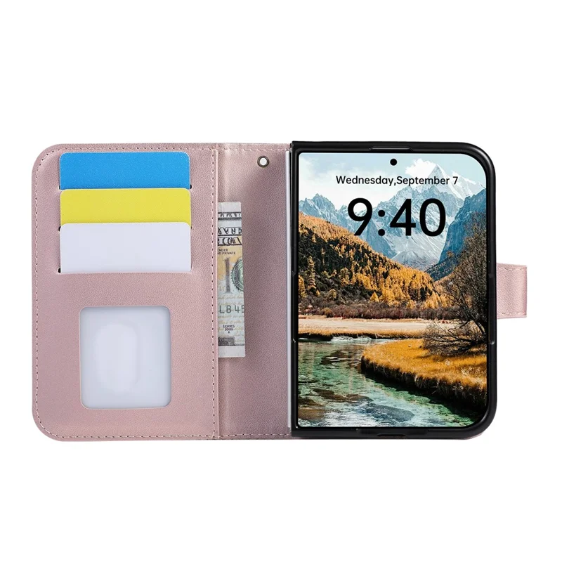 For iPhone Duo Case 3D Rhombus Grid Imprinted Wallet Leather Phone Cover with Wrist Strap - Rose Gold
