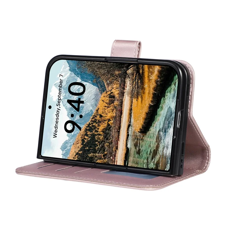 For iPhone Duo Case 3D Rhombus Grid Imprinted Wallet Leather Phone Cover with Wrist Strap - Rose Gold