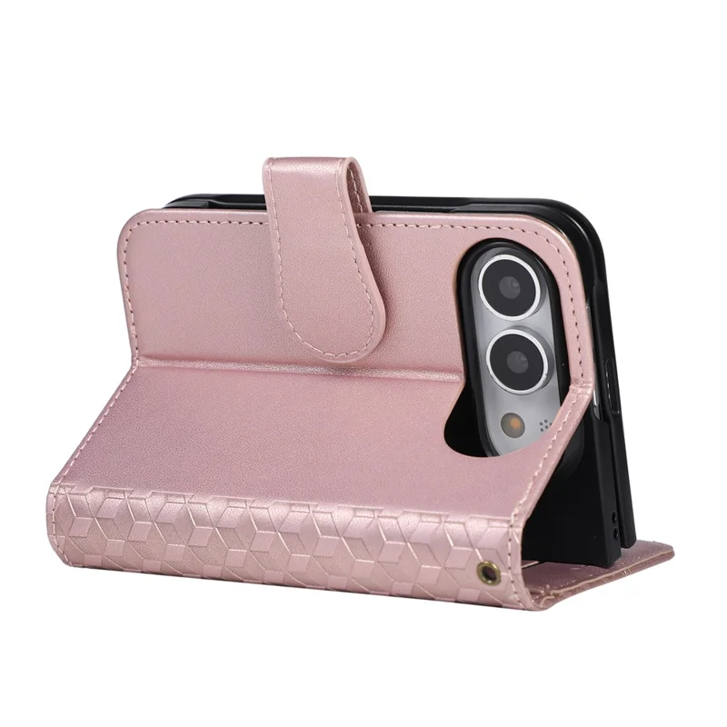 For iPhone Duo Case 3D Rhombus Grid Imprinted Wallet Leather Phone Cover with Wrist Strap - Rose Gold