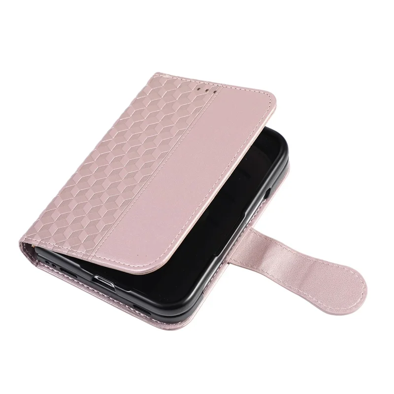 For iPhone Duo Case 3D Rhombus Grid Imprinted Wallet Leather Phone Cover with Wrist Strap - Rose Gold