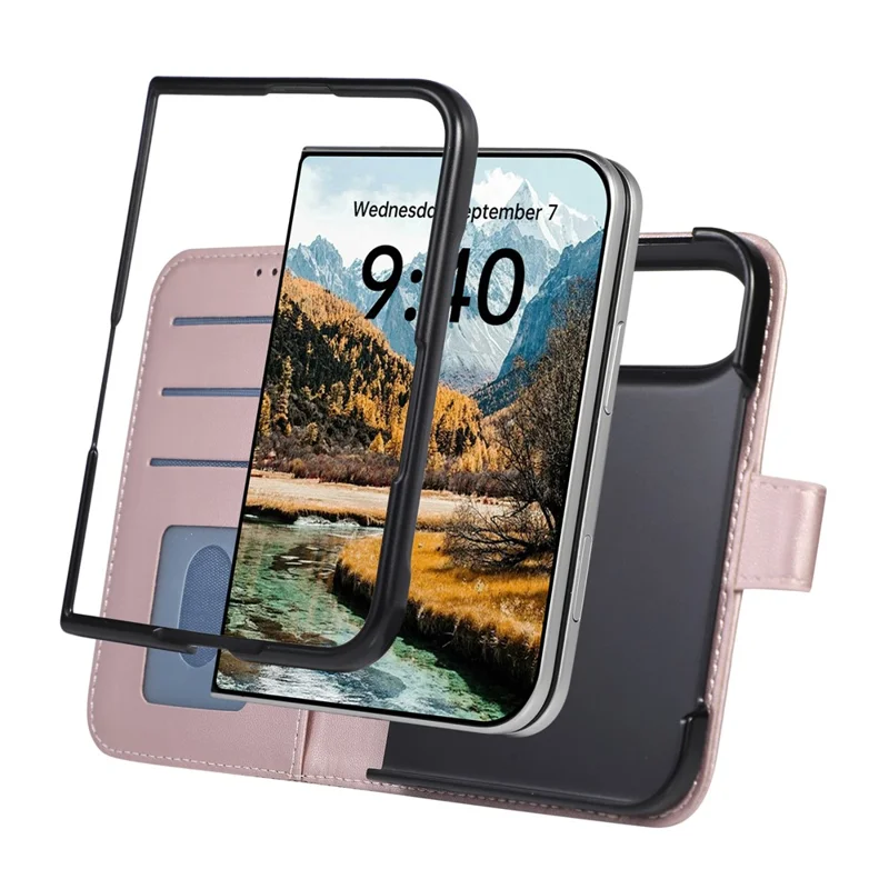 For iPhone Duo Case 3D Rhombus Grid Imprinted Wallet Leather Phone Cover with Wrist Strap - Rose Gold
