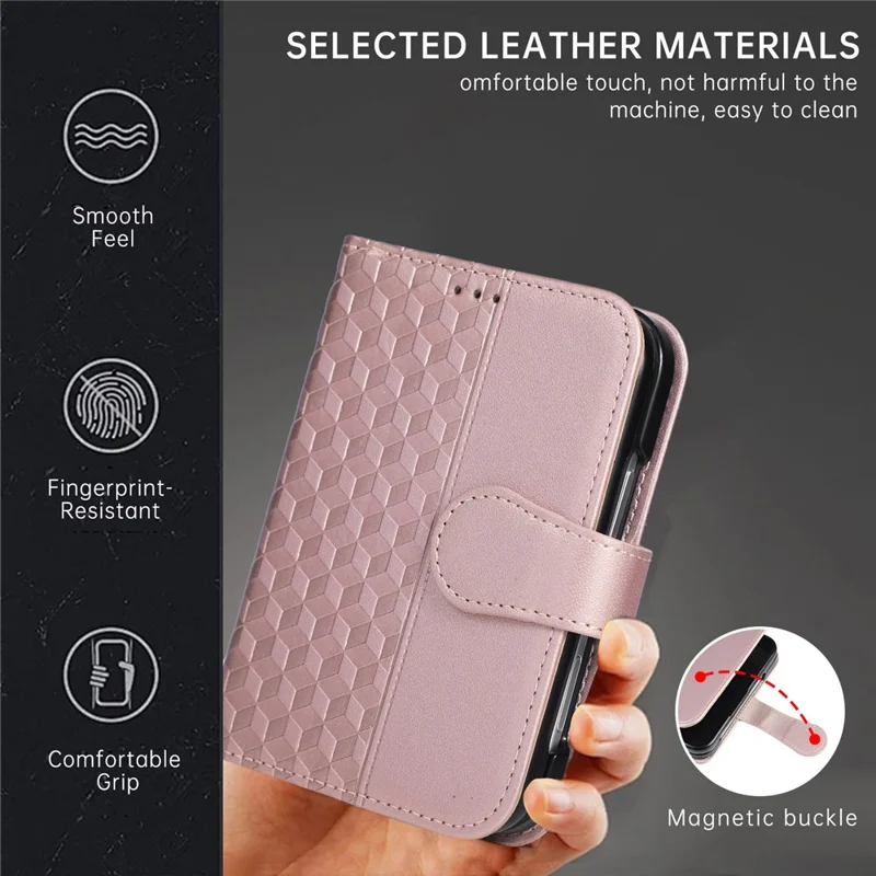 For iPhone Duo Case 3D Rhombus Grid Imprinted Wallet Leather Phone Cover with Wrist Strap - Rose Gold