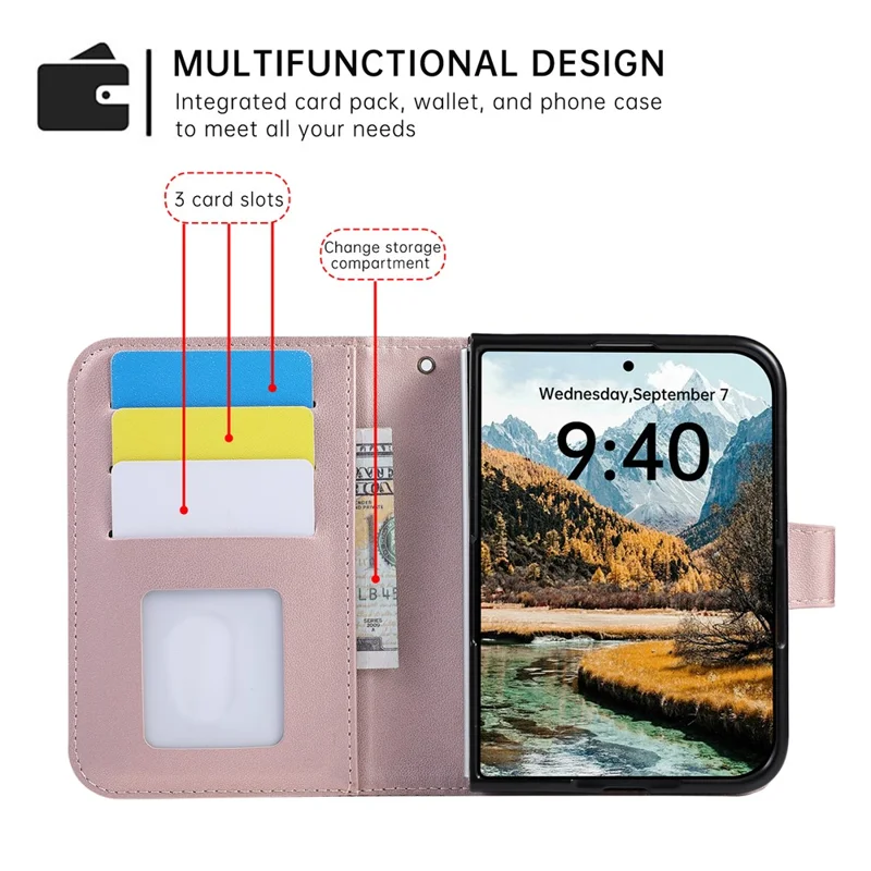 For iPhone Duo Case 3D Rhombus Grid Imprinted Wallet Leather Phone Cover with Wrist Strap - Rose Gold