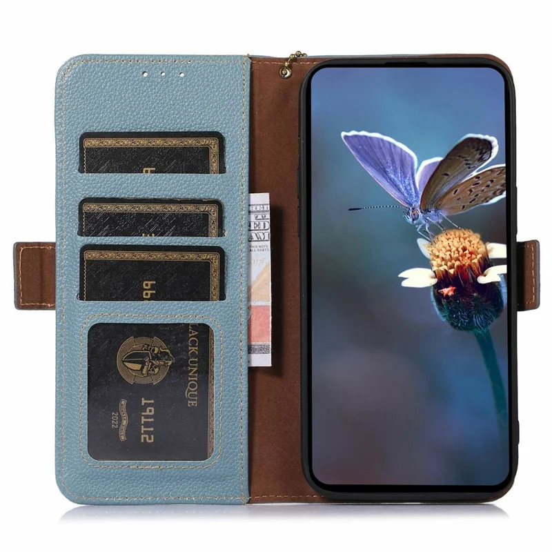 For Motorola Edge 70 Max 5G Case RFID Blocking Textured Genuine Cow Leather Phone Cover - Blue