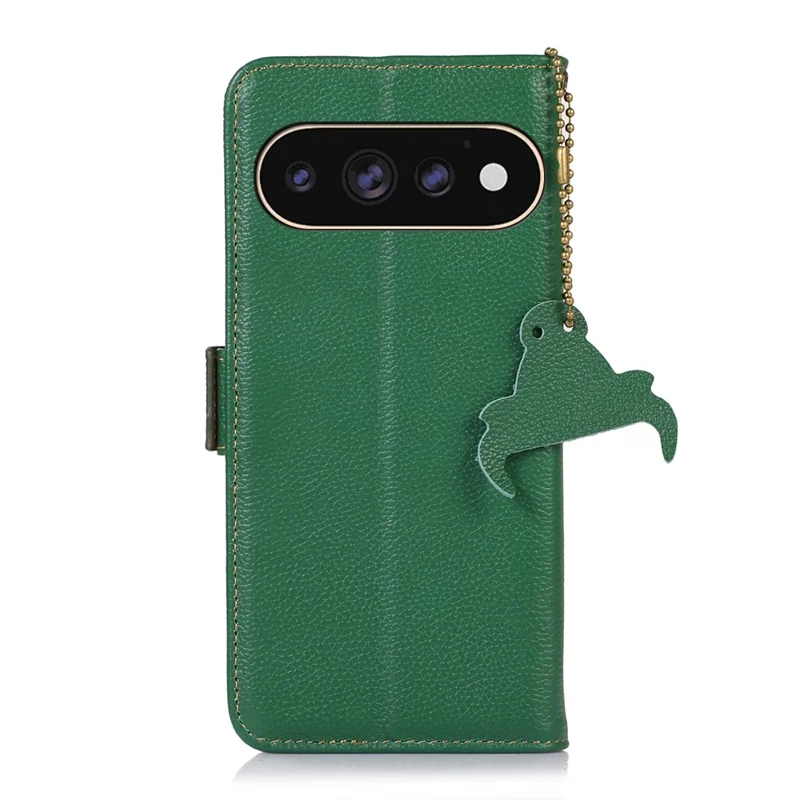 For Google Pixel 11 Pro XL Case RFID Blocking Textured Genuine Cow Leather Phone Cover - Green