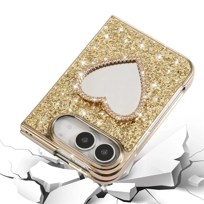 For iPhone Duo Magnetic Foldable Case Glitter Heart Mirror Electroplated Cover with Diamond Lanyard - Gold