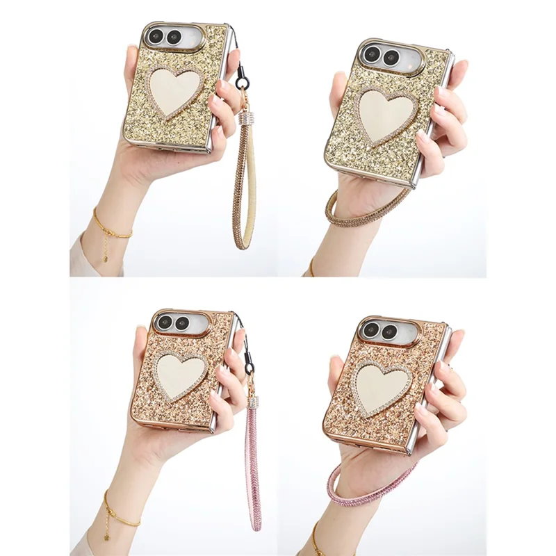 For iPhone Duo Magnetic Foldable Case Glitter Heart Mirror Electroplated Cover with Diamond Lanyard - Gold