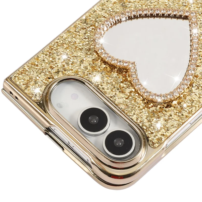 For iPhone Duo Magnetic Foldable Case Glitter Heart Mirror Electroplated Cover with Diamond Lanyard - Gold