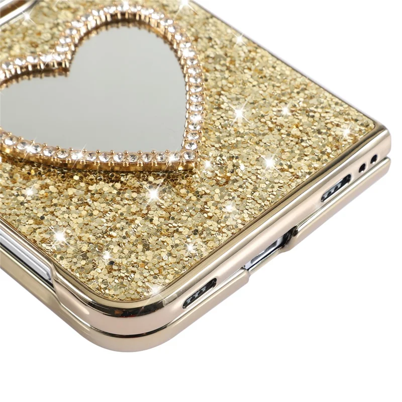 For iPhone Duo Magnetic Foldable Case Glitter Heart Mirror Electroplated Cover with Diamond Lanyard - Gold