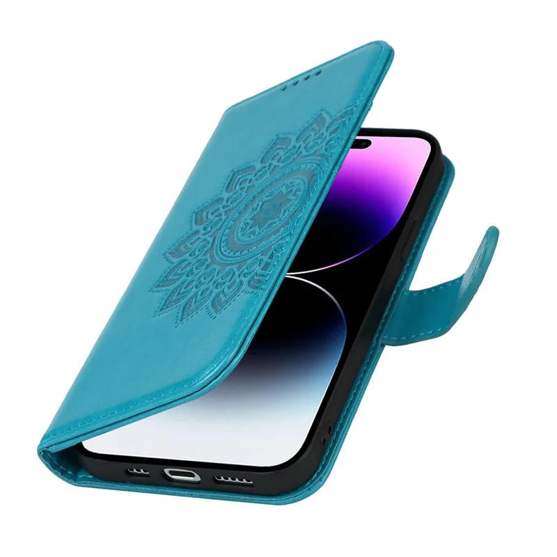 For iPhone 14 Pro R61 Texture Felled Seam PU Leather + TPU Foldable Stand Phone Case Pattern Imprinted Wallet Cover - Blue