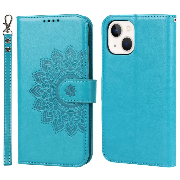 For iPhone 14 Plus R61 Texture Felled Seam PU Leather + TPU Viewing Stand Phone Case Pattern Imprinted Wallet Cover - Blue