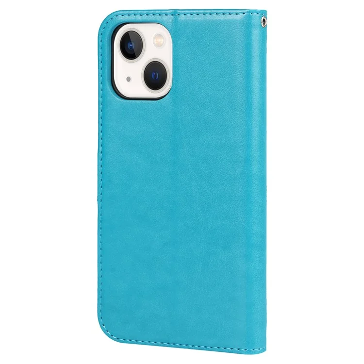 For iPhone 14 Plus R61 Texture Felled Seam PU Leather + TPU Viewing Stand Phone Case Pattern Imprinted Wallet Cover - Blue