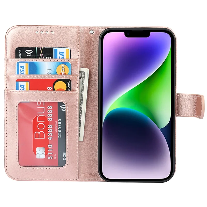 For iPhone 14 Plus R61 Texture Felled Seam PU Leather + TPU Viewing Stand Phone Case Pattern Imprinted Wallet Cover - Rose Gold