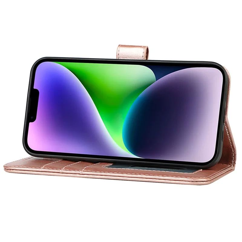 For iPhone 14 Plus R61 Texture Felled Seam PU Leather + TPU Viewing Stand Phone Case Pattern Imprinted Wallet Cover - Rose Gold