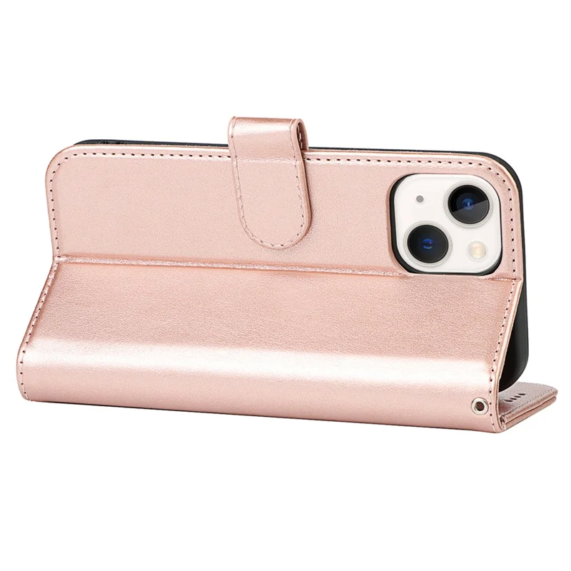 For iPhone 14 Plus R61 Texture Felled Seam PU Leather + TPU Viewing Stand Phone Case Pattern Imprinted Wallet Cover - Rose Gold