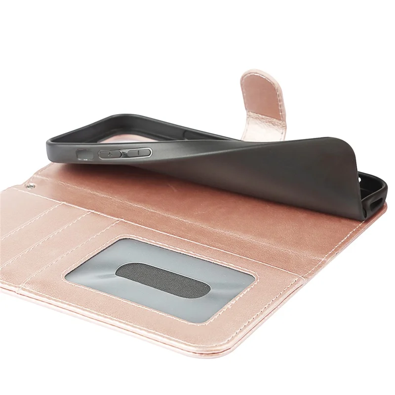 For iPhone 14 Plus R61 Texture Felled Seam PU Leather + TPU Viewing Stand Phone Case Pattern Imprinted Wallet Cover - Rose Gold