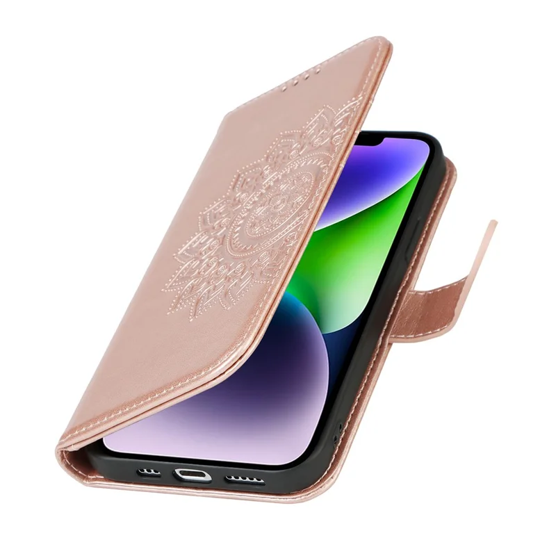 For iPhone 14 Plus R61 Texture Felled Seam PU Leather + TPU Viewing Stand Phone Case Pattern Imprinted Wallet Cover - Rose Gold