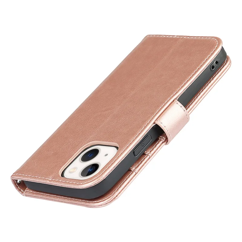 For iPhone 14 Plus R61 Texture Felled Seam PU Leather + TPU Viewing Stand Phone Case Pattern Imprinted Wallet Cover - Rose Gold
