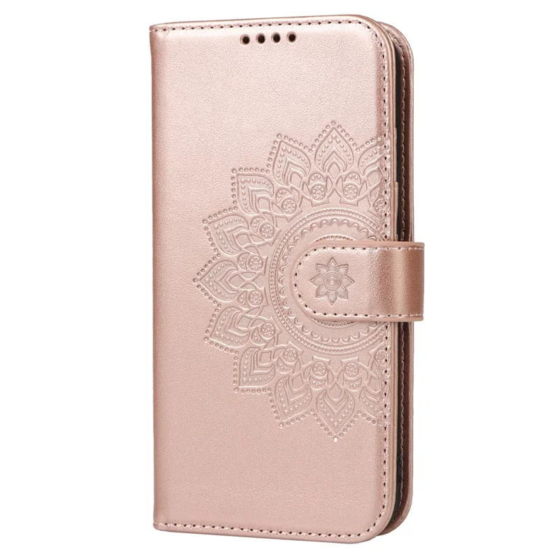 For iPhone 14 Plus R61 Texture Felled Seam PU Leather + TPU Viewing Stand Phone Case Pattern Imprinted Wallet Cover - Rose Gold