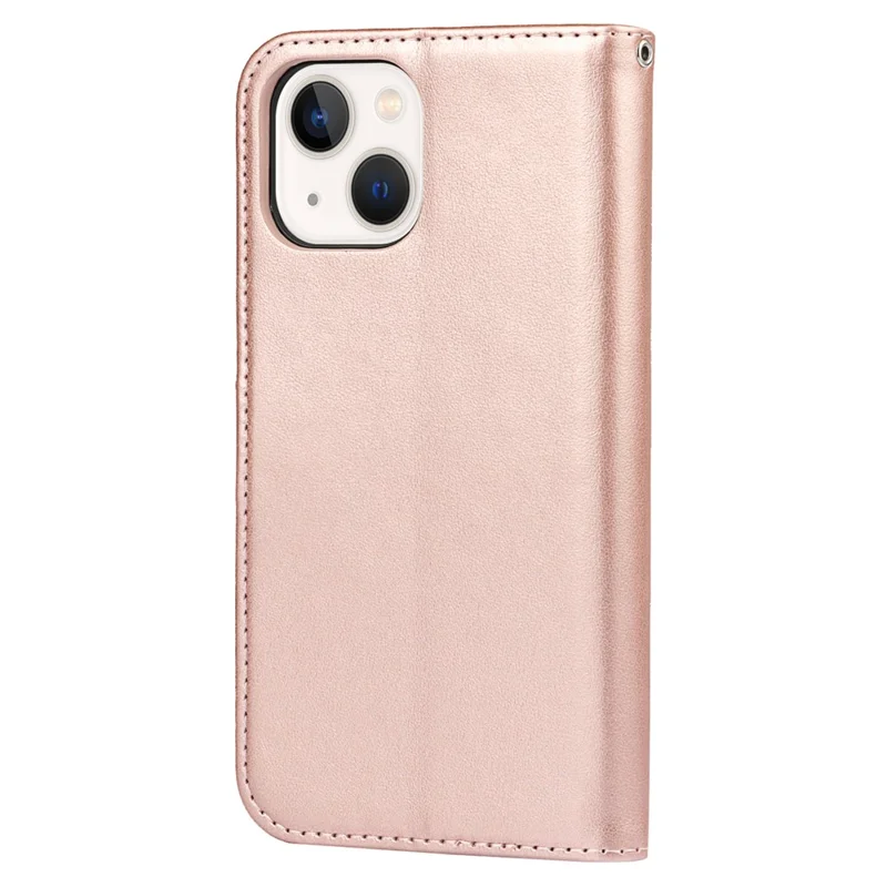For iPhone 14 Plus R61 Texture Felled Seam PU Leather + TPU Viewing Stand Phone Case Pattern Imprinted Wallet Cover - Rose Gold