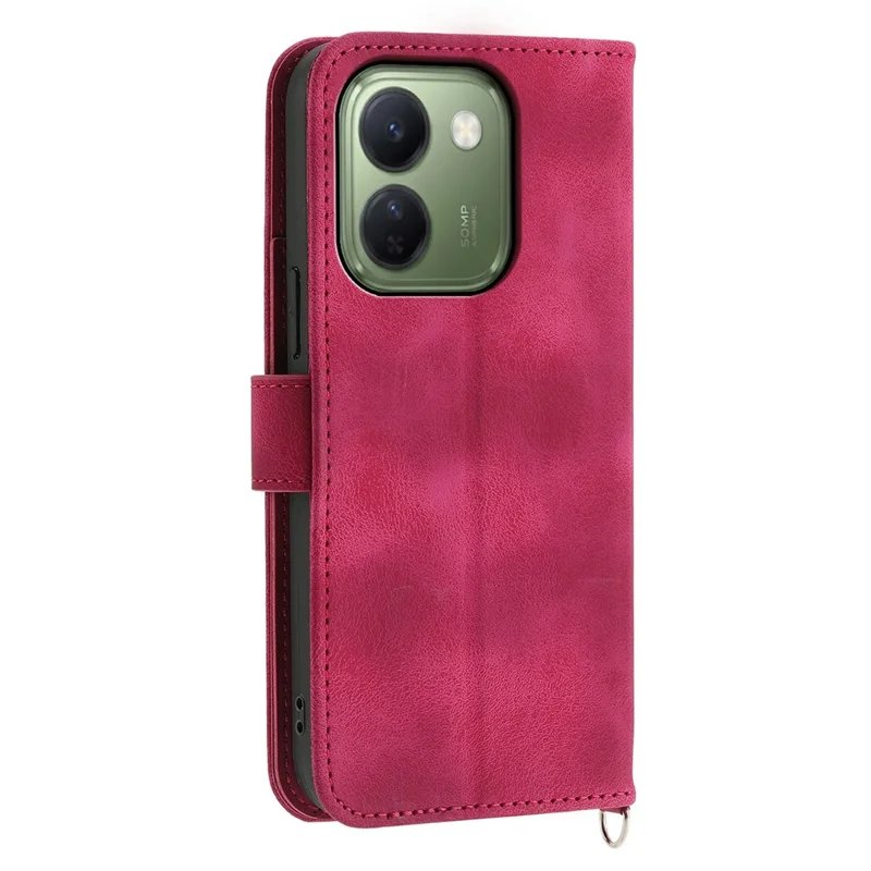 For vivo V80 Lite 5G Wallet Case Flower Pattern PU Leather Phone Cover with Strap - Wine Red