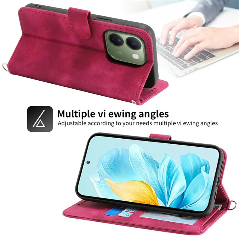 For vivo V80 Lite 5G Wallet Case Flower Pattern PU Leather Phone Cover with Strap - Wine Red