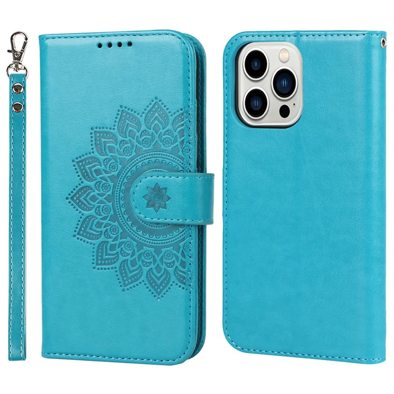 For iPhone 14 Pro Max R61 Texture Felled Seam PU Leather + TPU Hands-free Stand Phone Case Pattern Imprinted Wallet Cover - Blue