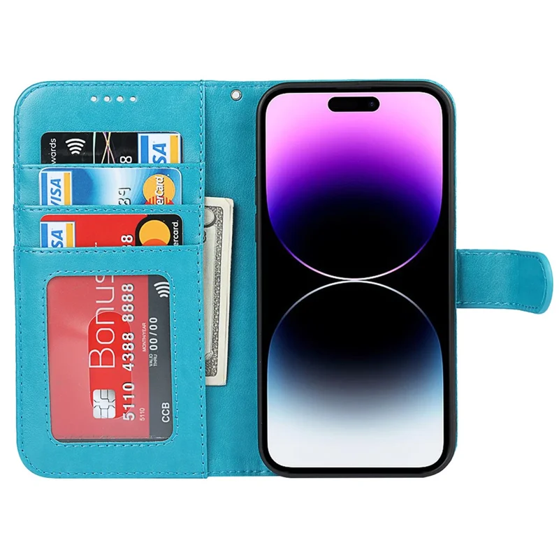 For iPhone 14 Pro Max R61 Texture Felled Seam PU Leather + TPU Hands-free Stand Phone Case Pattern Imprinted Wallet Cover - Blue