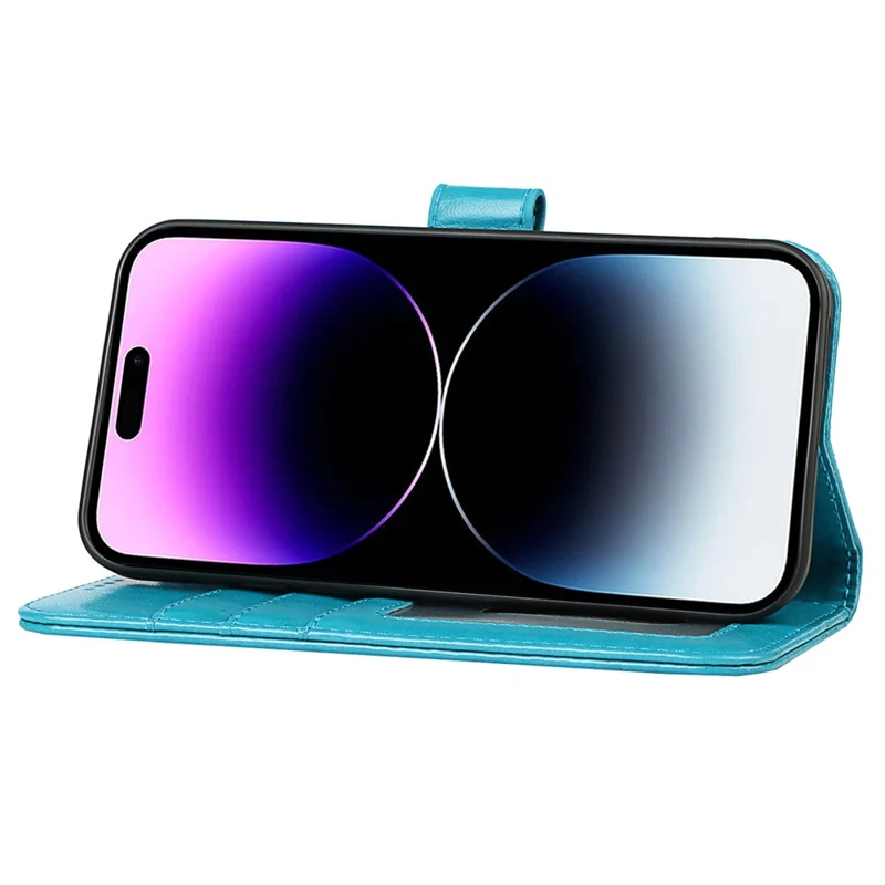 For iPhone 14 Pro Max R61 Texture Felled Seam PU Leather + TPU Hands-free Stand Phone Case Pattern Imprinted Wallet Cover - Blue