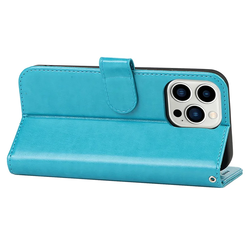 For iPhone 14 Pro Max R61 Texture Felled Seam PU Leather + TPU Hands-free Stand Phone Case Pattern Imprinted Wallet Cover - Blue