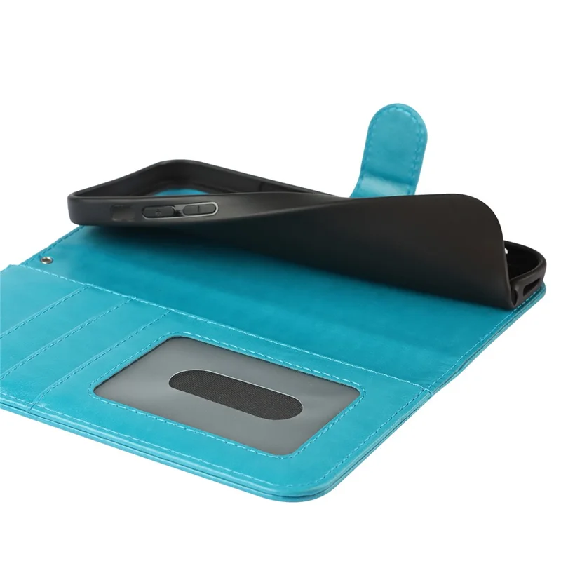 For iPhone 14 Pro Max R61 Texture Felled Seam PU Leather + TPU Hands-free Stand Phone Case Pattern Imprinted Wallet Cover - Blue