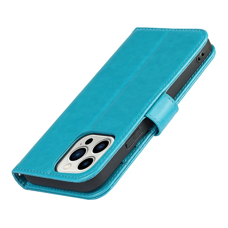 For iPhone 14 Pro Max R61 Texture Felled Seam PU Leather + TPU Hands-free Stand Phone Case Pattern Imprinted Wallet Cover - Blue