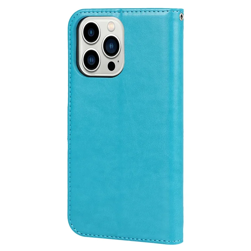 For iPhone 14 Pro Max R61 Texture Felled Seam PU Leather + TPU Hands-free Stand Phone Case Pattern Imprinted Wallet Cover - Blue