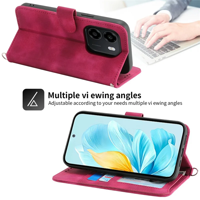 Wallet Case For Honor X6e 4G  /  X7e 4G  /  Play 80 Plus 5G Flower Pattern PU Leather Phone Cover with Strap - Wine Red
