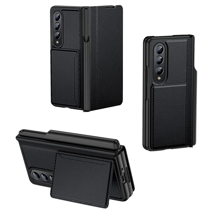 Capa à Prova de Choque GKK Para Samsung Galaxy Z Fold4 5g Caso de Telefone Anti-arranhão PU Cael PC Hust PC Com Suporte Para Cartão / Kickstand - Preto