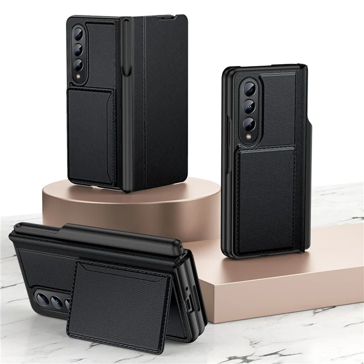 Capa à Prova de Choque GKK Para Samsung Galaxy Z Fold4 5g Caso de Telefone Anti-arranhão PU Cael PC Hust PC Com Suporte Para Cartão / Kickstand - Preto