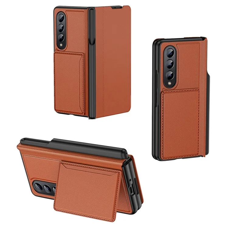 Capa à Prova de Choque GKK Para Samsung Galaxy Z Fold4 5g Caso de Telefone Anti-arranhão PU Cael PC Hust PC Com Suporte Para Cartão / Kickstand - Castanho