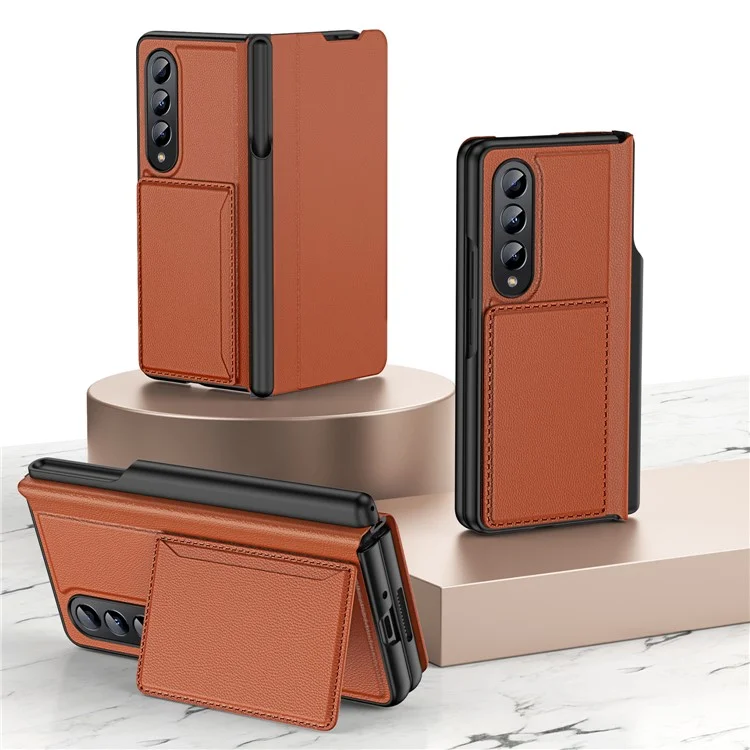 Capa à Prova de Choque GKK Para Samsung Galaxy Z Fold4 5g Caso de Telefone Anti-arranhão PU Cael PC Hust PC Com Suporte Para Cartão / Kickstand - Castanho