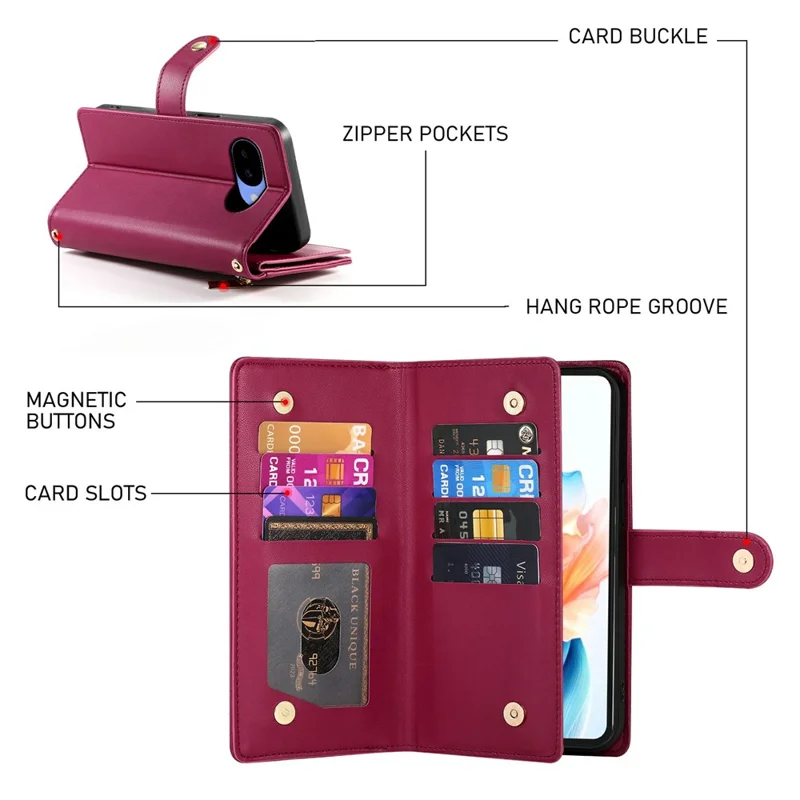 Cover in pelle per Google Pixel 11a, custodia portafoglio con tasca con cerniera e cinghie - Rosso