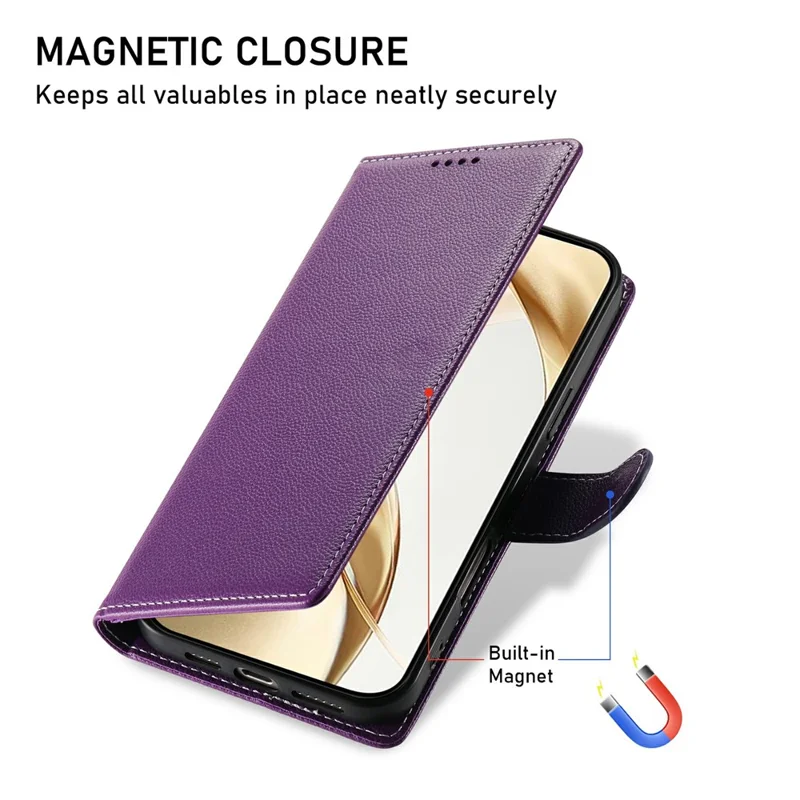For Google Pixel 11a Case Magnetic Snap Litchi Texture Leather Wallet Phone Cover with Wrist Strap - Purple