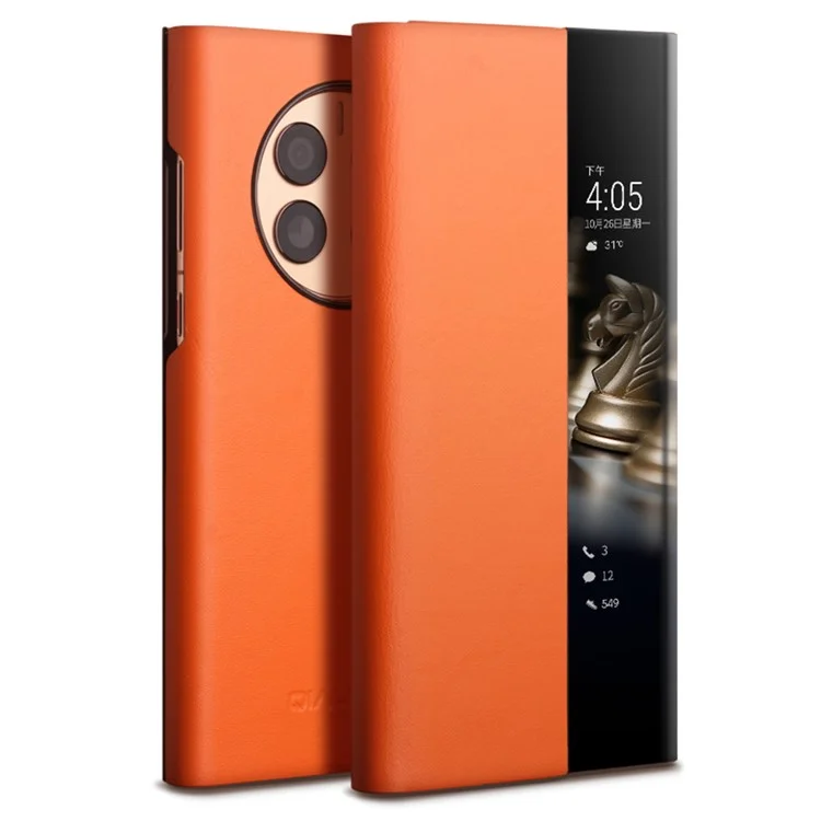 Caixa de Telefone Qialino Ultra-Thin Para Huawei Mate 50 4G Cover de Couro Genuíno Capa de Couro Anti-Drop Case à Prova de Choque Com Janela de Exibição Inteligente - Laranja