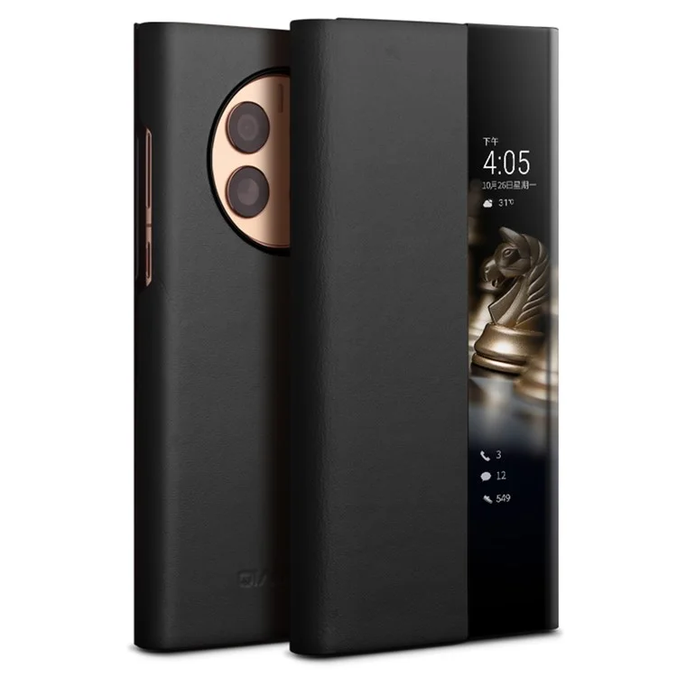 Caixa de Telefone Qialino Ultra-Thin Para Huawei Mate 50 4G Cover de Couro Genuíno Capa de Couro Anti-Drop Case à Prova de Choque Com Janela de Exibição Inteligente - Preto