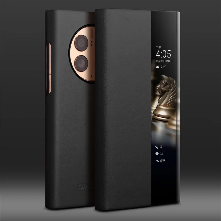 Caixa de Telefone Qialino Ultra-Thin Para Huawei Mate 50 4G Cover de Couro Genuíno Capa de Couro Anti-Drop Case à Prova de Choque Com Janela de Exibição Inteligente - Preto