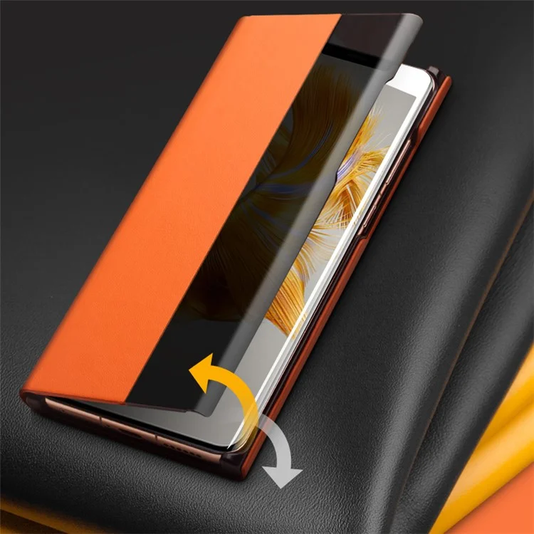 Caixa de Telefone Qialino Ultra-Thin Para Huawei Mate 50 4G Cover de Couro Genuíno Capa de Couro Anti-Drop Case à Prova de Choque Com Janela de Exibição Inteligente - Preto