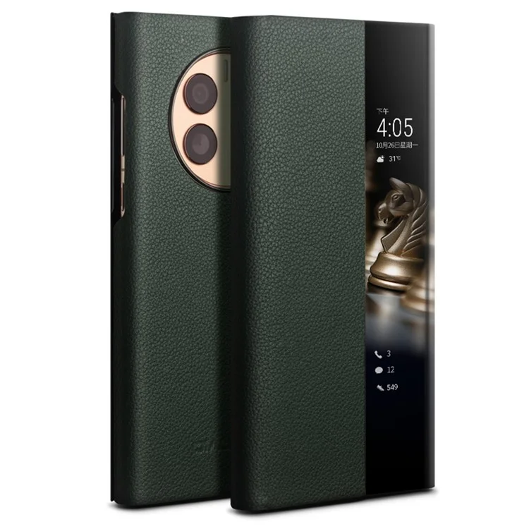 Caixa de Telefone Qialino Ultra-Thin Para Huawei Mate 50 4G Cover de Couro Genuíno Capa de Couro Anti-Drop Case à Prova de Choque Com Janela de Exibição Inteligente - Verde