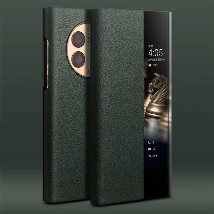 Caixa de Telefone Qialino Ultra-Thin Para Huawei Mate 50 4G Cover de Couro Genuíno Capa de Couro Anti-Drop Case à Prova de Choque Com Janela de Exibição Inteligente - Verde