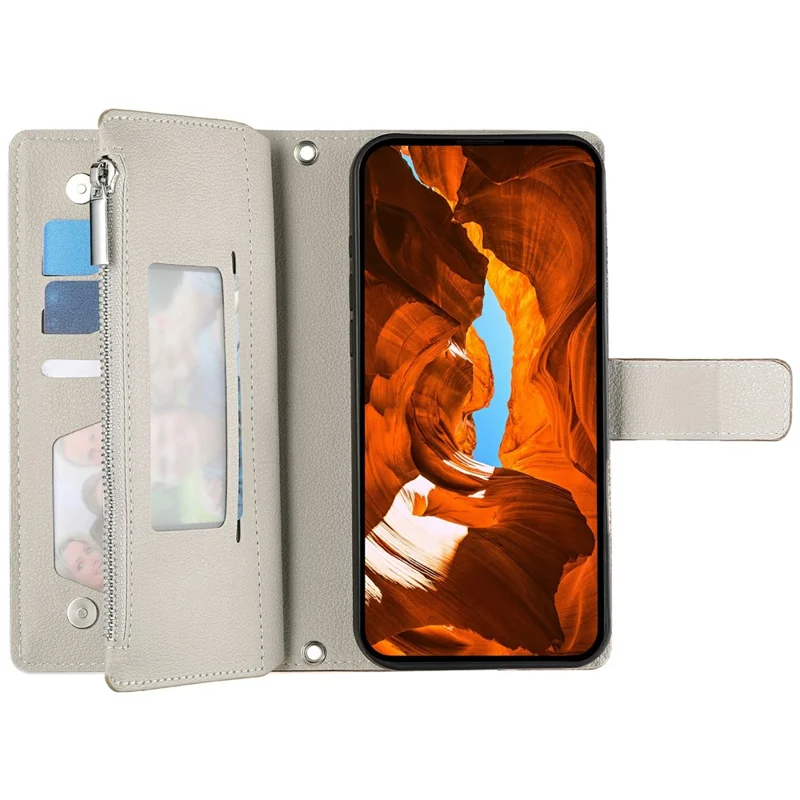 Flip-taske i lædertype til Google Pixel 11a med wallet, farveinddeling og stropper - Lys blå