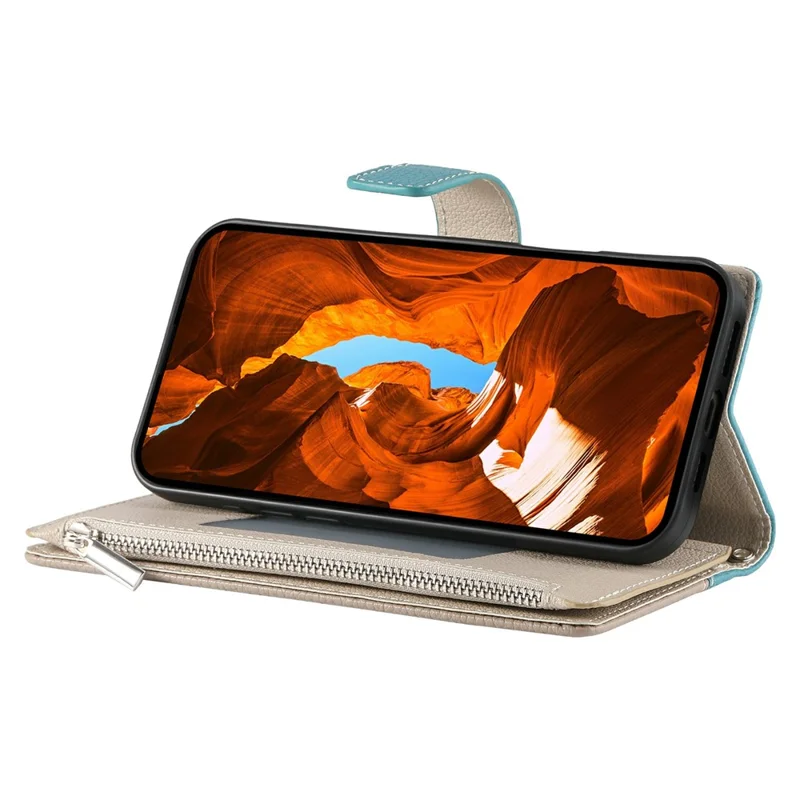 Flip-taske i lædertype til Google Pixel 11a med wallet, farveinddeling og stropper - Lys blå
